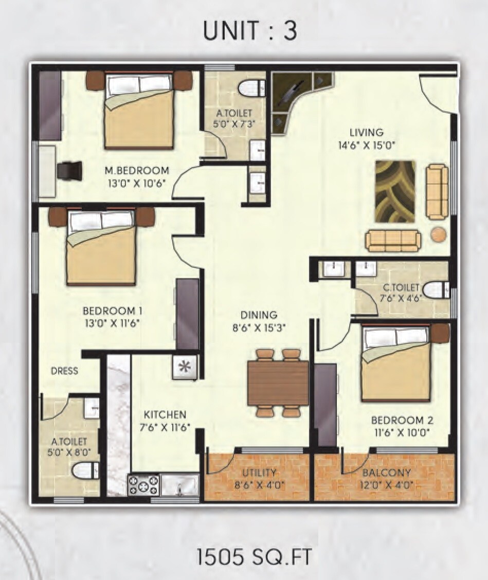 Floor plan of 3 BHK 1505 Sq. Ft. Apartment in Avani Gardens, Bangalore