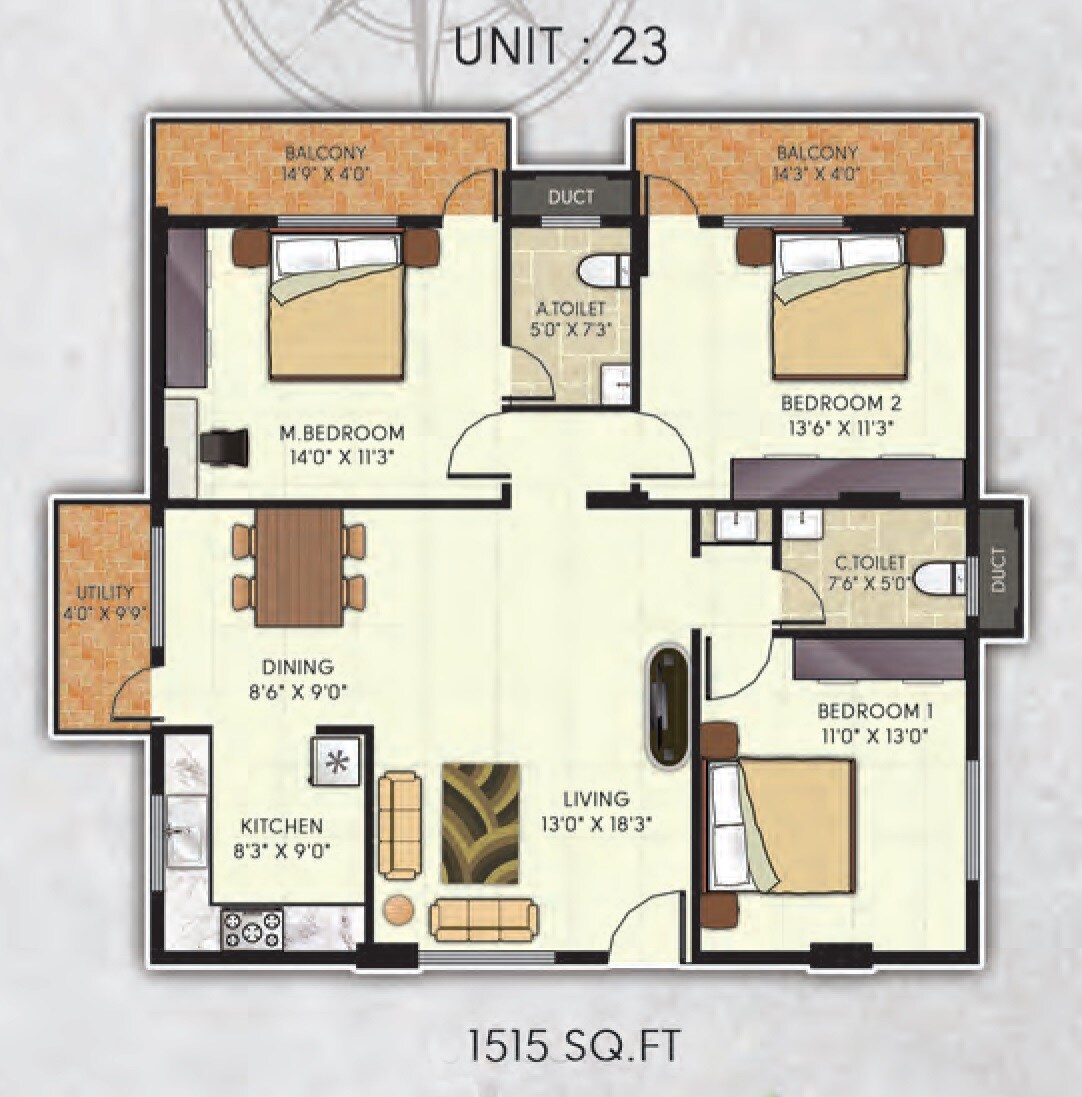 Floor plan of 3 BHK 1515 Sq. Ft. Apartment in Avani Gardens, Bangalore