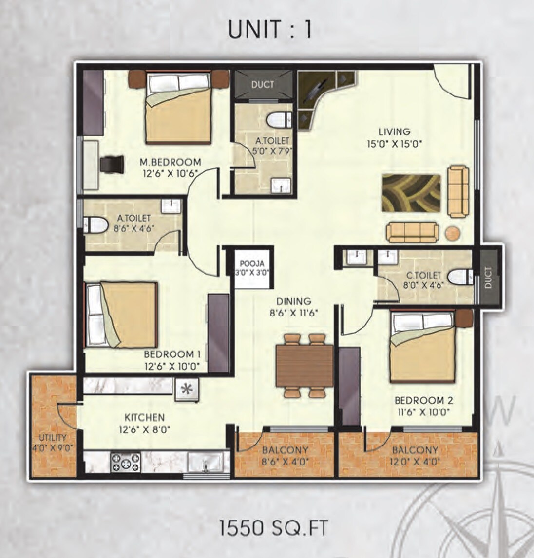 Floor plan of 3 BHK 1550 Sq. Ft. Apartment in Avani Gardens, Bangalore