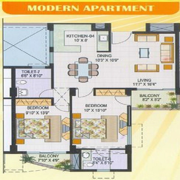 Floor plan of 2 BHK 1034 Sq. Ft. Apartment in AWHO Sandeep Vihar, Bangalore