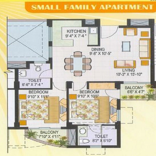 Floor plan of 2 BHK 1224 Sq. Ft. Apartment in AWHO Sandeep Vihar, Bangalore
