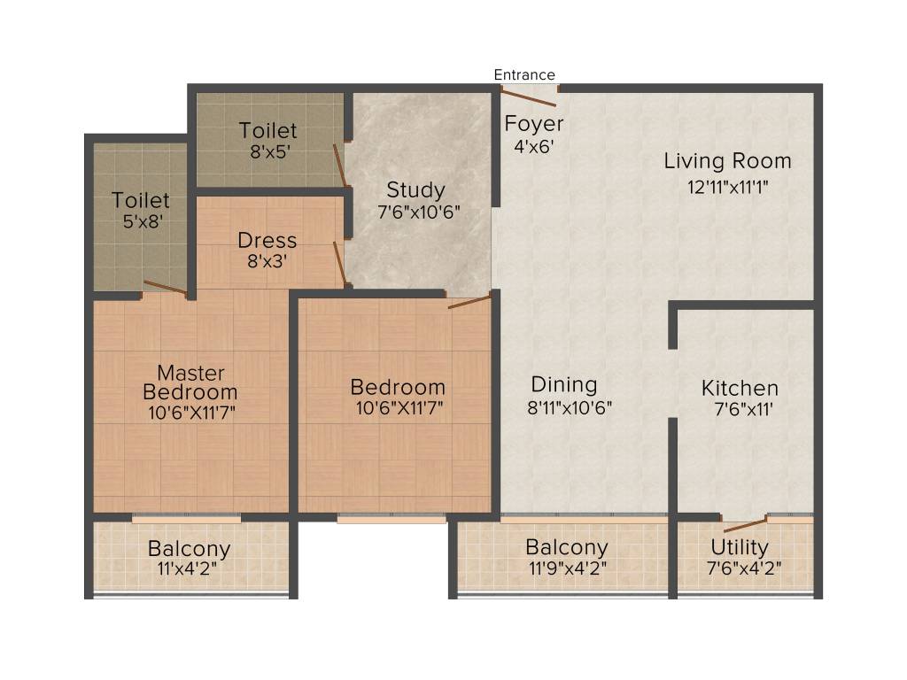 Floor plan of 2 BHK 1225 Sq. Ft. Apartment in Axis Amairo, Bangalore