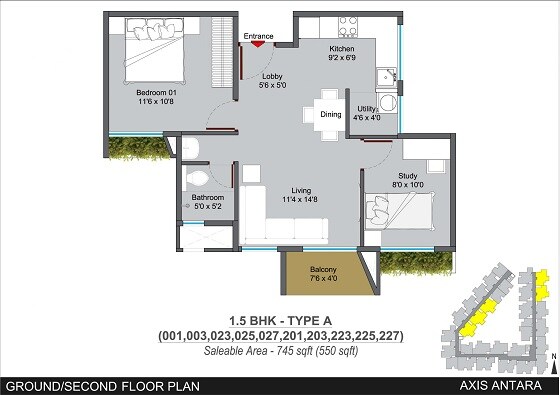 Floor plan of 1 BHK 745 Sq. Ft. Apartment in Axis Antara, Bangalore
