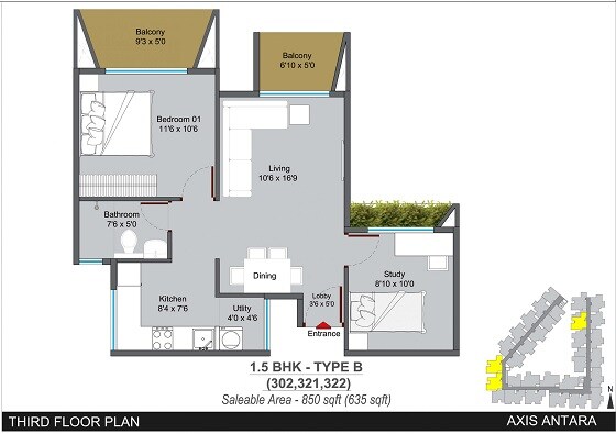 Floor plan of 1 BHK 850 Sq. Ft. Apartment in Axis Antara, Bangalore