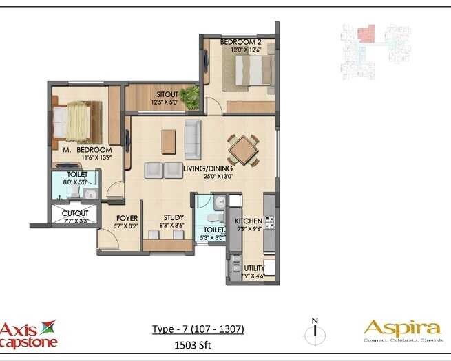 Floor plan of 2 BHK 1503 Sq. Ft. Apartment in Axis Capstone Aspira, Bangalore