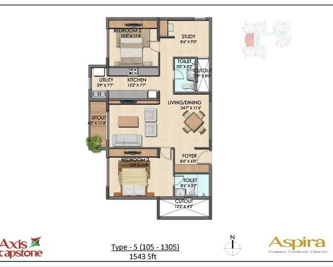 Floor plan of 2 BHK 1543 Sq. Ft. Apartment in Axis Capstone Aspira, Bangalore
