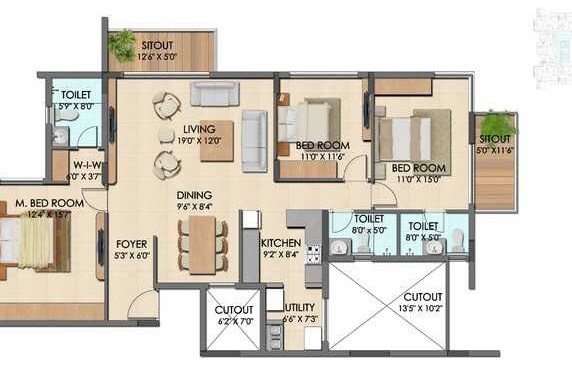 Floor plan of 3 BHK 1930 Sq. Ft. Apartment in Axis Capstone Aspira, Bangalore