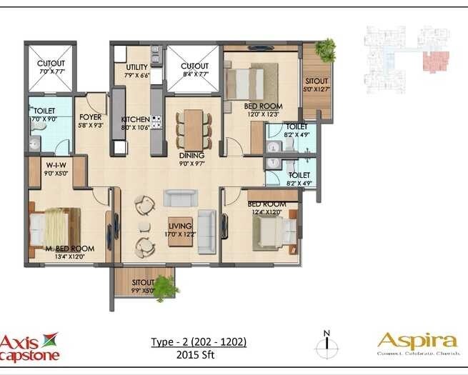 Floor plan of 3 BHK 2015 Sq. Ft. Apartment in Axis Capstone Aspira, Bangalore
