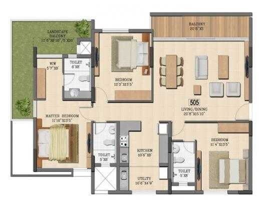 Floor plan of 3 BHK 1411 Sq. Ft. Apartment in Axis Estrella Terraces, Bangalore