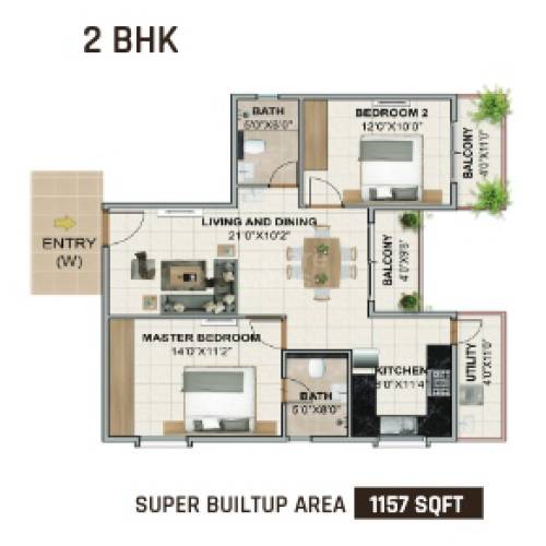Floor plan of 2 BHK 1157 Sq. Ft. Apartment in Axis Oaklyn, Bangalore