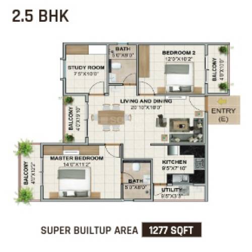 Floor plan of 2 BHK 1277 Sq. Ft. Apartment in Axis Oaklyn, Bangalore