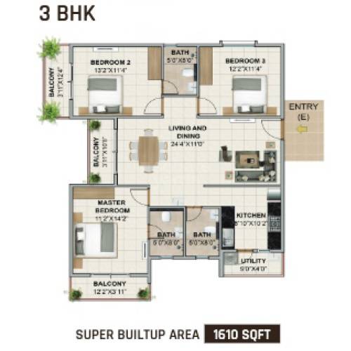 Floor plan of 3 BHK 1610 Sq. Ft. Apartment in Axis Oaklyn, Bangalore