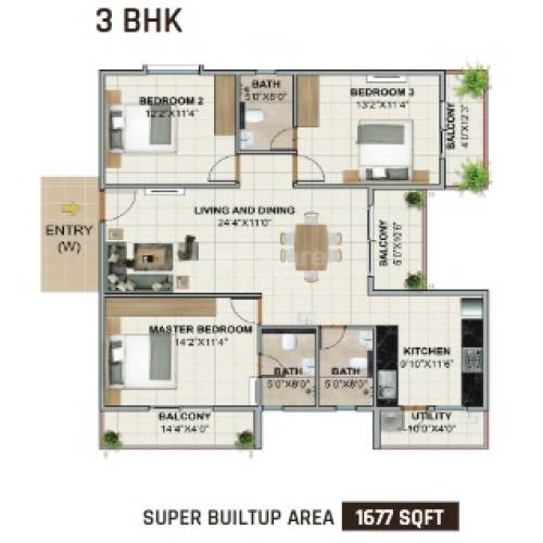 Floor plan of 3 BHK 1677 Sq. Ft. Apartment in Axis Oaklyn, Bangalore