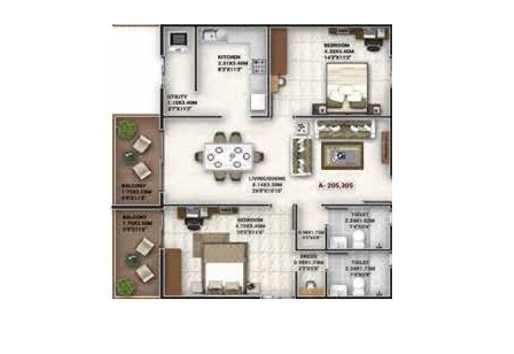 Floor plan of 2 BHK 1323 Sq. Ft. Apartment in Ayodhya Happy Hearts, Bangalore