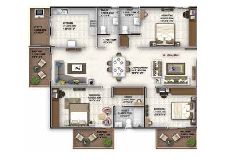 Floor plan of 3 BHK 1968 Sq. Ft. Apartment in Ayodhya Happy Hearts, Bangalore