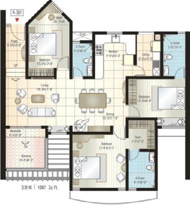 Floor plan of 3 BHK 1887 Sq. Ft. Apartment in Bairavi Cruz Luxor, Bangalore