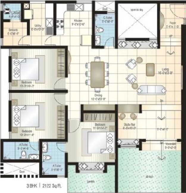 Floor plan of 3 BHK 2122 Sq. Ft. Apartment in Bairavi Cruz Luxor, Bangalore
