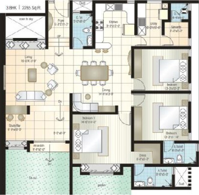 Floor plan of 3 BHK 2285 Sq. Ft. Apartment in Bairavi Cruz Luxor, Bangalore
