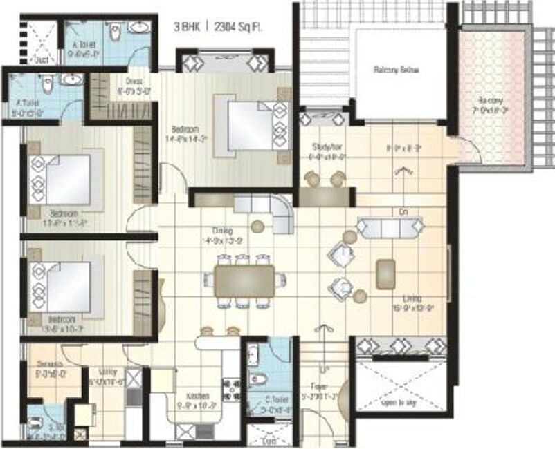 Floor plan of 3 BHK 2304 Sq. Ft. Apartment in Bairavi Cruz Luxor, Bangalore