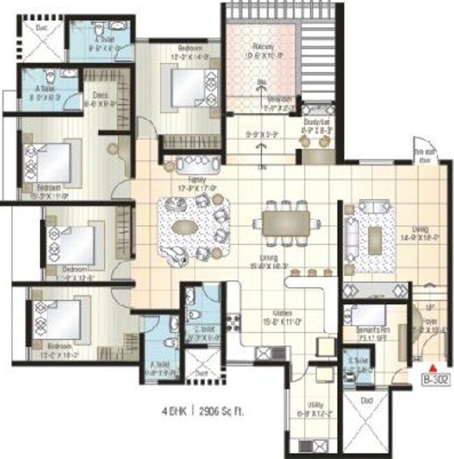 Floor plan of 4 BHK 2906 Sq. Ft. Apartment in Bairavi Cruz Luxor, Bangalore