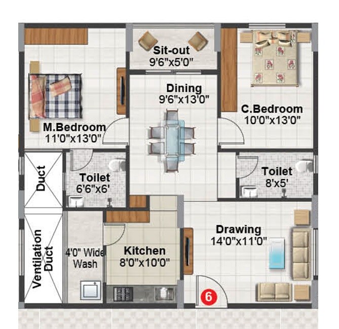Floor plan of 2 BHK 1125 Sq. Ft. Apartment in Balaji Aavaas, Bangalore
