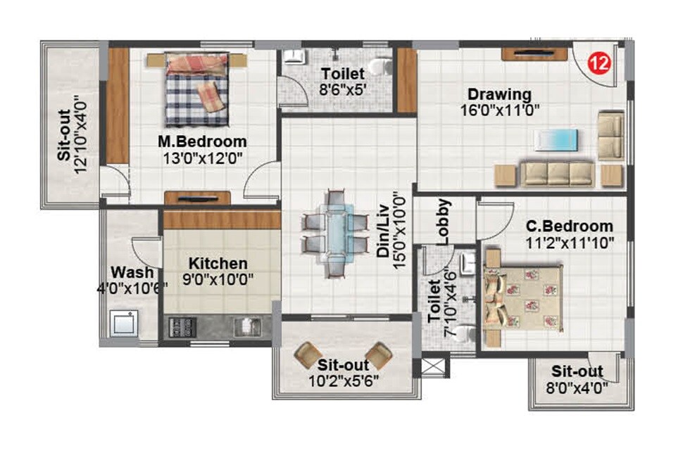Floor plan of 2 BHK 1370 Sq. Ft. Apartment in Balaji Aavaas, Bangalore
