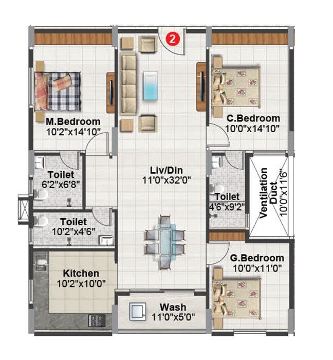 Floor plan of 3 BHK 1480 Sq. Ft. Apartment in Balaji Aavaas, Bangalore