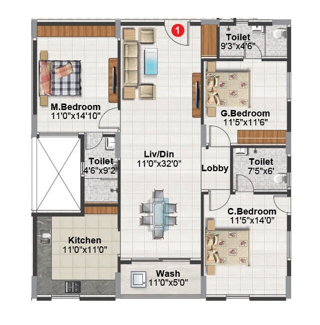 Floor plan of 3 BHK 1580 Sq. Ft. Apartment in Balaji Aavaas, Bangalore