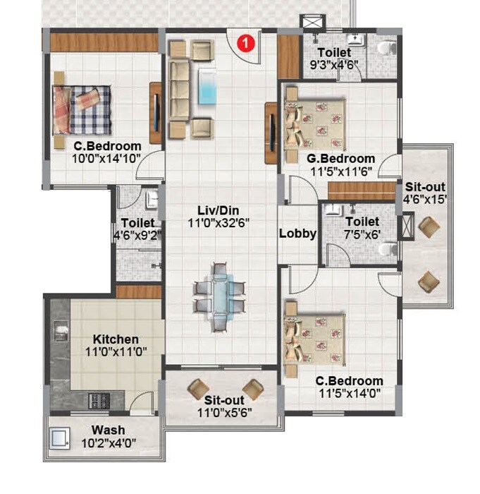 Floor plan of 3 BHK 1770 Sq. Ft. Apartment in Balaji Aavaas, Bangalore