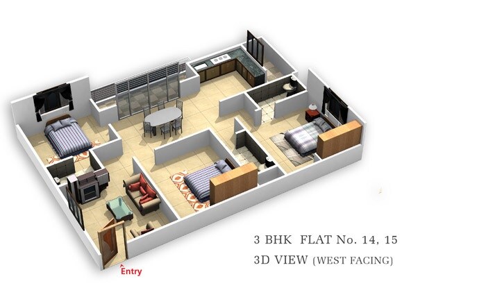 Floor plan of 3 BHK 1410 Sq. Ft. Apartment in Balaji Ashirvaad Elite, Bangalore