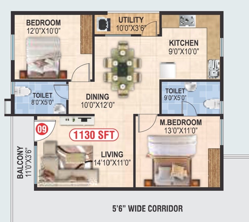 Floor plan of 2 BHK 1130 Sq. Ft. Apartment in Balaji Gruna Grand, Bangalore
