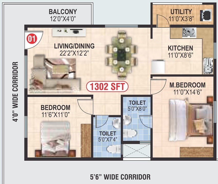 Floor plan of 2 BHK 1302 Sq. Ft. Apartment in Balaji Gruna Grand, Bangalore