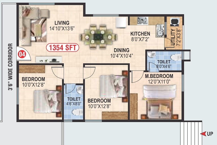 Floor plan of 3 BHK 1354 Sq. Ft. Apartment in Balaji Gruna Grand, Bangalore
