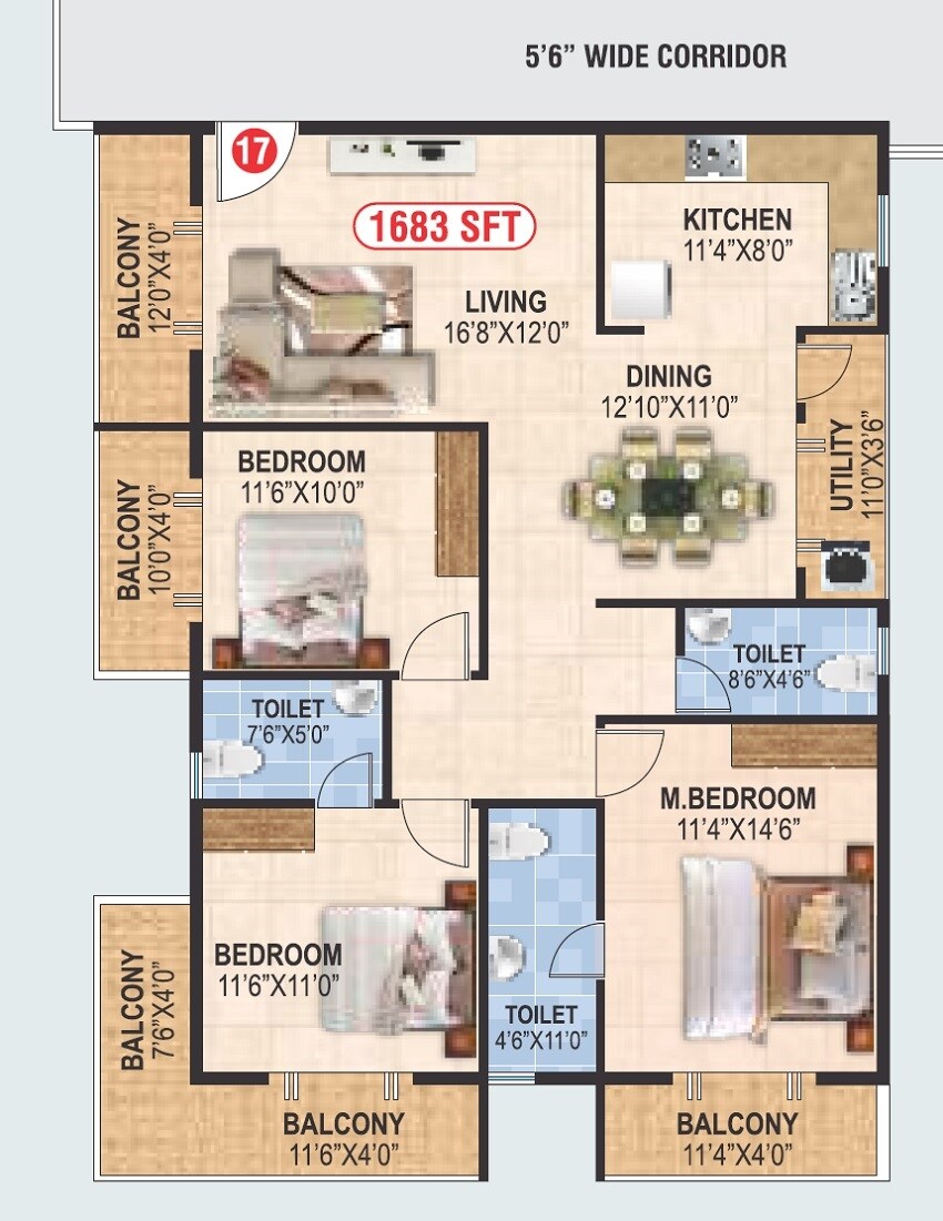 Floor plan of 3 BHK 1683 Sq. Ft. Apartment in Balaji Gruna Grand, Bangalore