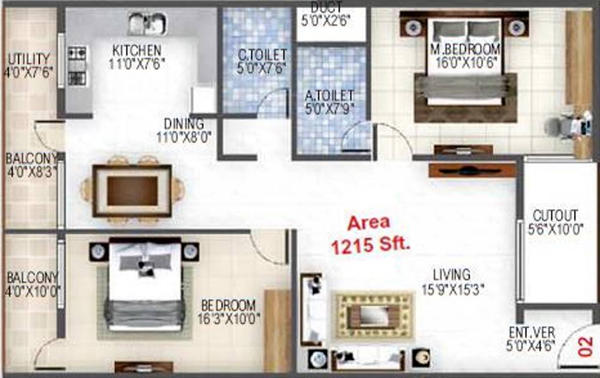 Floor plan of 2 BHK 1215 Sq. Ft. Apartment in Baldota Elegant, Bangalore