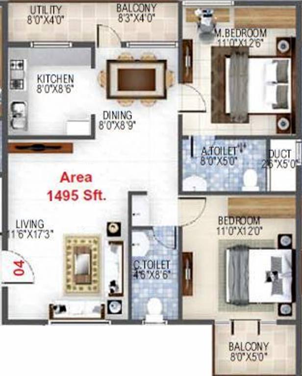 Floor plan of 2 BHK 1495 Sq. Ft. Apartment in Baldota Elegant, Bangalore