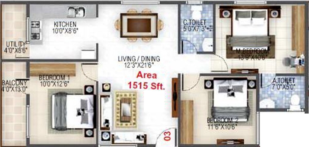 Floor plan of 3 BHK 1515 Sq. Ft. Apartment in Baldota Elegant, Bangalore