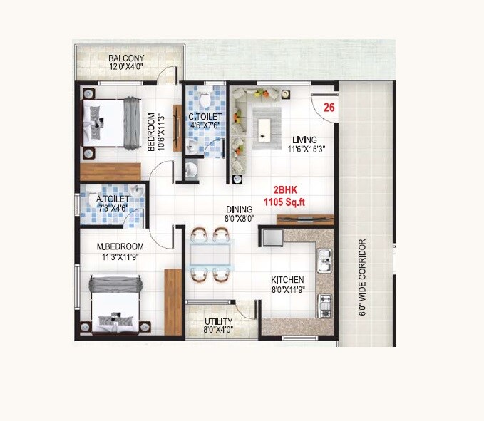 Floor plan of 2 BHK 1105 Sq. Ft. Apartment in Baldota Serenity, Bangalore