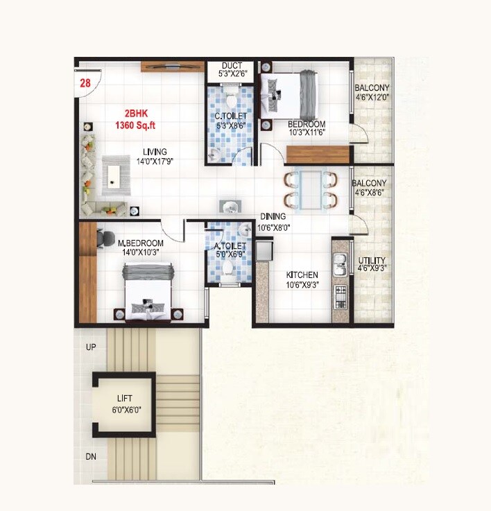 Floor plan of 2 BHK 1360 Sq. Ft. Apartment in Baldota Serenity, Bangalore