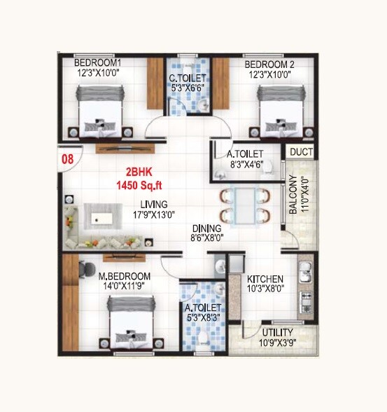 Floor plan of 3 BHK 1450 Sq. Ft. Apartment in Baldota Serenity, Bangalore
