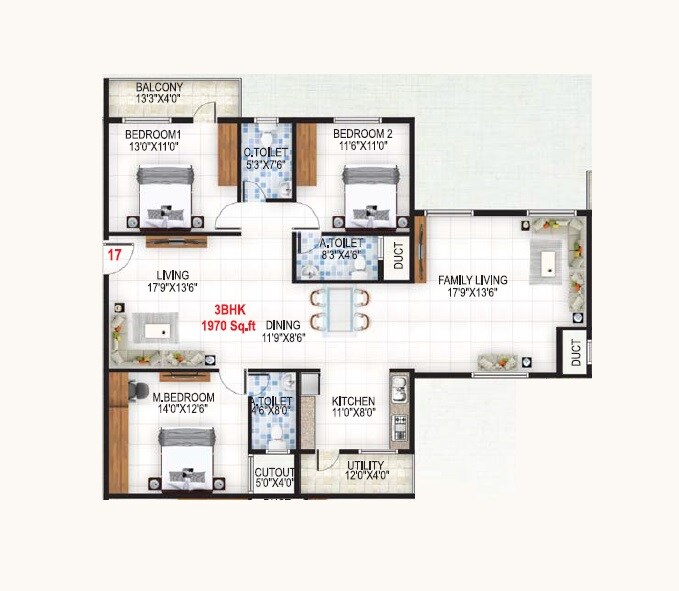 Floor plan of 3 BHK 1970 Sq. Ft. Apartment in Baldota Serenity, Bangalore