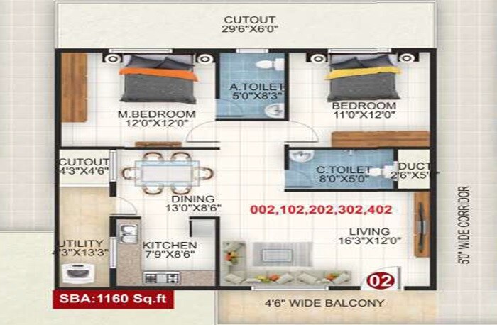 Floor plan of 2 BHK 1160 Sq. Ft. Apartment in Baldota Signature, Bangalore