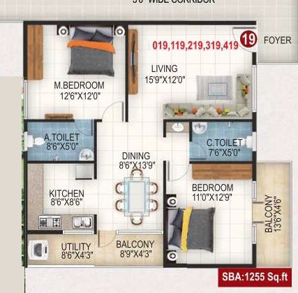 Floor plan of 2 BHK 1255 Sq. Ft. Apartment in Baldota Signature, Bangalore