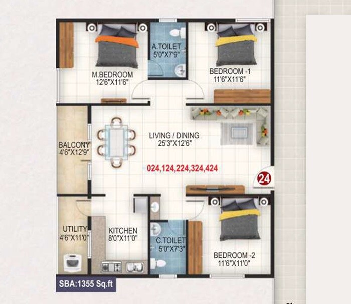 Floor plan of 3 BHK 1355 Sq. Ft. Apartment in Baldota Signature, Bangalore