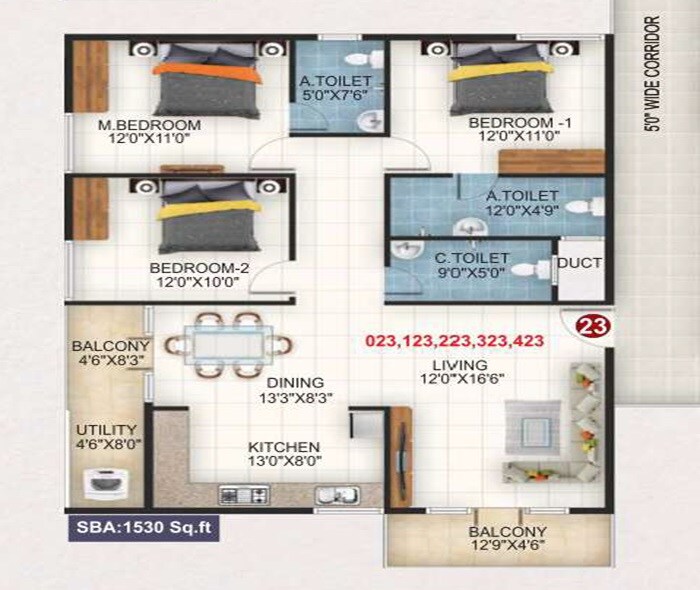 Floor plan of 3 BHK 1530 Sq. Ft. Apartment in Baldota Signature, Bangalore