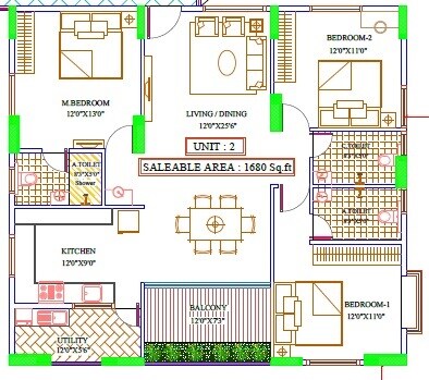 Floor plan of 3 BHK 1680 Sq. Ft. Apartment in Baldota Summit, Bangalore