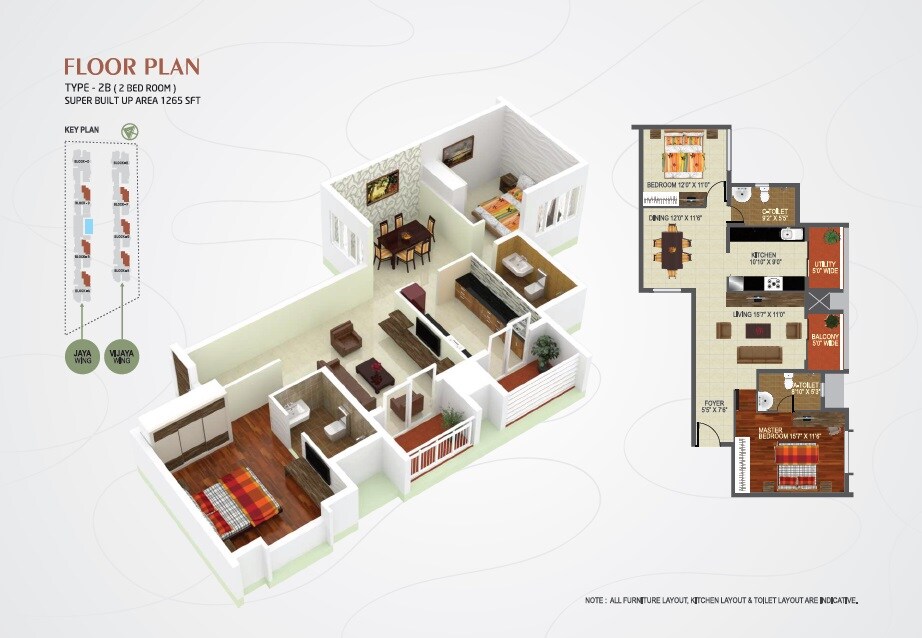 Floor plan of 2 BHK 1265 Sq. Ft. Apartment in Banashree Arka Forest View, Bangalore