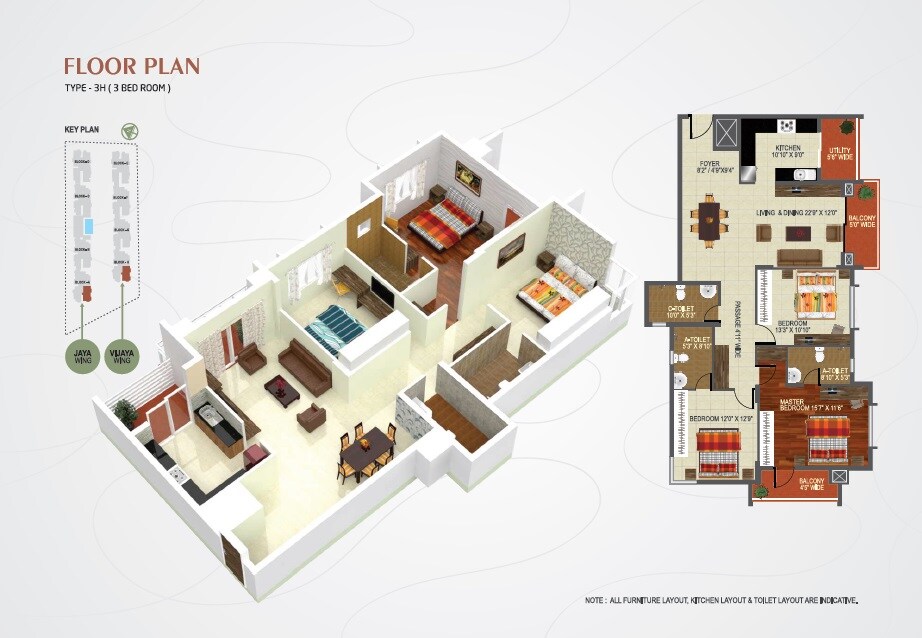 Floor plan of 3 BHK 1630 Sq. Ft. Apartment in Banashree Arka Forest View, Bangalore