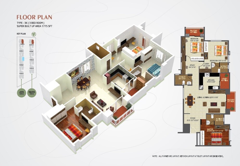 Floor plan of 3 BHK 1775 Sq. Ft. Apartment in Banashree Arka Forest View, Bangalore