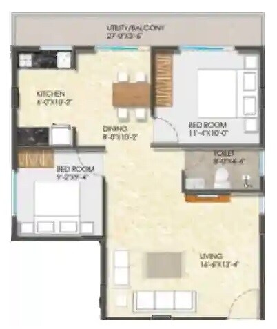 Floor plan of 2 BHK 850 Sq. Ft. Apartment in Barkat Prosper Homes Bliss, Bangalore